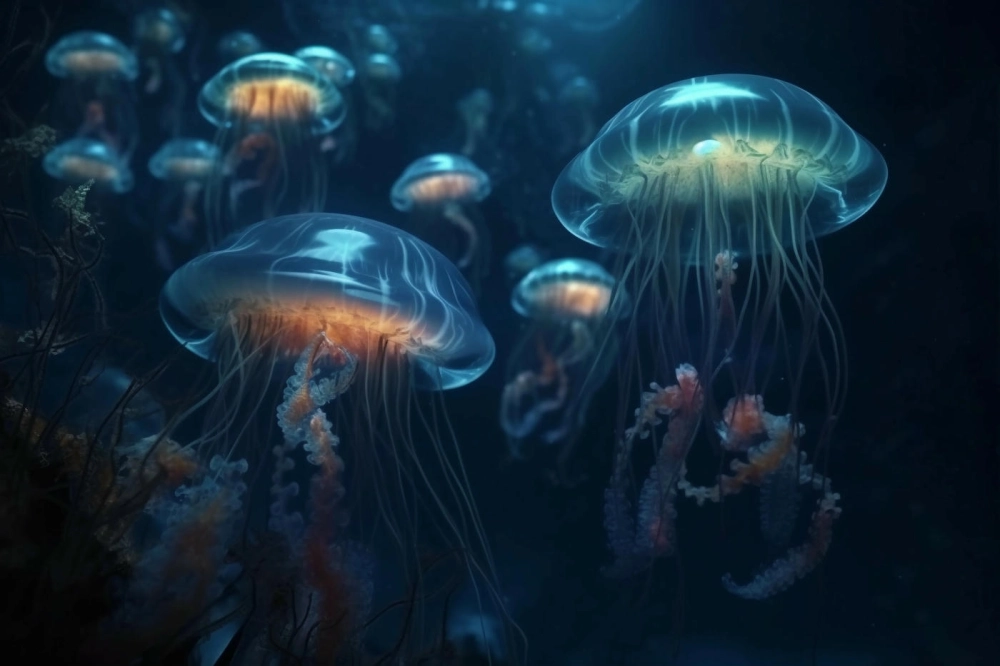 Sứa biển kết hợp với ánh sáng cực quang dưới mặt nước